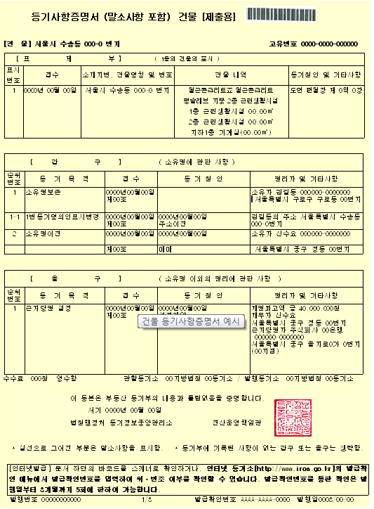 부동산등기부를 확인하기 위해 발급받는 등기사항증명서의 예시본