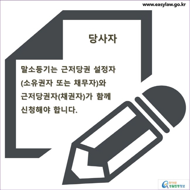 당사자 말소등기는 근저당권 설정자(소유권자 또는 채무자)와 근저당권자(채권자)가 함께 신청해야 합니다.