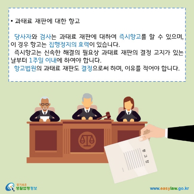 • 과태료 재판에 대한 항고
당사자와 검사는 과태료 재판에 대하여 즉시항고를 할 수 있으며, 이 경우 항고는 집행정지의 효력이 있습니다. 
즉시항고는 신속한 해결의 필요상 과태료 재판의 결정 고지가 있는 날부터 1주일 이내에 하여야 합니다.
항고법원의 과태료 재판도 결정으로써 하며, 이유를 적어야 합니다.
찾기쉬운 생활법령정보 로고 
www.easylaw.go.kr