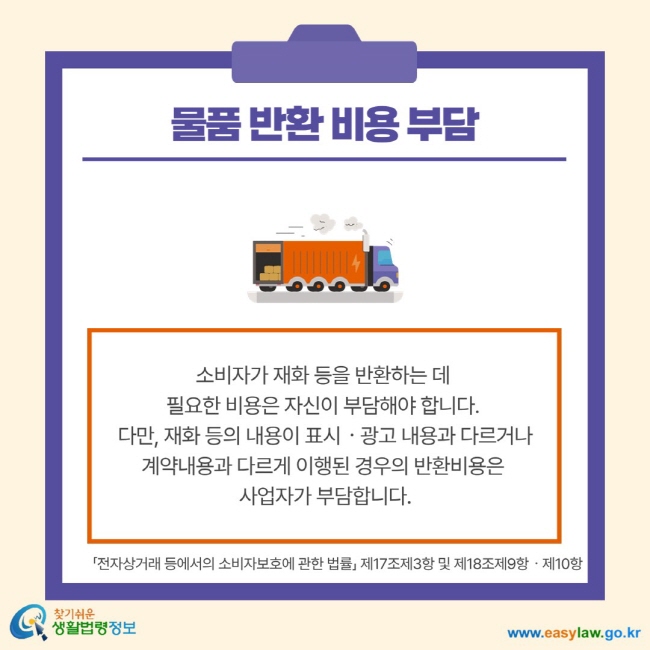 물품 반환 비용 부담 소비자가 재화 등을 반환하는 데 필요한 비용은 자신이 부담해야 합니다. 다만, 재화 등의 내용이 표시 광고 내용과 다르거나 계약 내용과 다르게 이행된 경우의 반환비용은 사업자가 부담합니다. 전자상거래 등에서의 소비자보호에 관한 법률 제17조제3항 및 제18조제9항 제10항