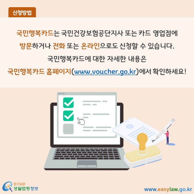 신청방법 국민행복카드는 국민건강보험공단지사 또는 카드 영업점에 방문하거나 전화 또는 온라인으로도 신청할 수 있습니다. 국민행복카드에 대한 자세한 내용은 국민행복카드 홈페이지(www.voucher.go.kr)에서 확인하세요!