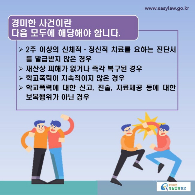 경미한 사건이란 다음 모두에 해당해야 합니다.
-2주 이상의 신체적ㆍ정신적 치료를 요하는 진단서를 발급받지 않은 경우
-재산상 피해가 없거나 즉각 복구된 경우
-학교폭력이 지속적이지 않은 경우
-학교폭력에 대한 신고, 진술, 자료제공 등에 대한 보복행위가 아닌 경우