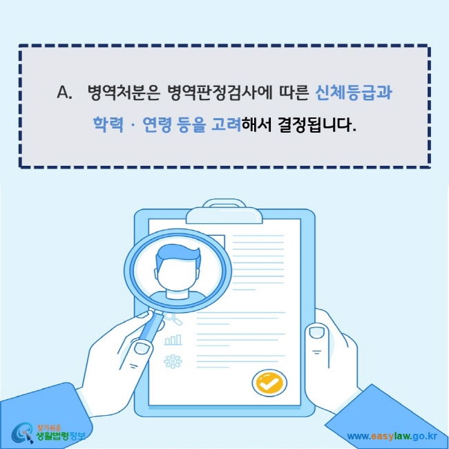 www.easylaw.go.kr  A. 병역처분은 병역판정검사에 따른 신체등급과 학력·연령 등을 고려해서 결정됩니다.