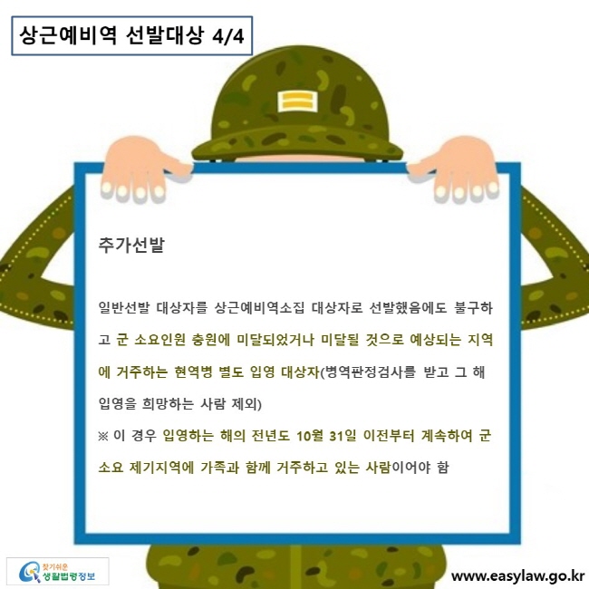 추가선발 일반선발 대상자를 상근예비역소집 대상자로 선발했음에도 불구하고 군 소요인원 충원에 미달되었거나 미달될 것으로 예상되는 지역에 거주하는 현역병 별도 입영 대상자(병역판정검사를 받고 그 해 입영을 희망하는 사람 제외) ※ 이 경우 입영하는 해의 전년도 10월 31일 이전부터 계속하여 군소요 제기지역에 가족과 함께 거주하고 있는 사람이어야 함