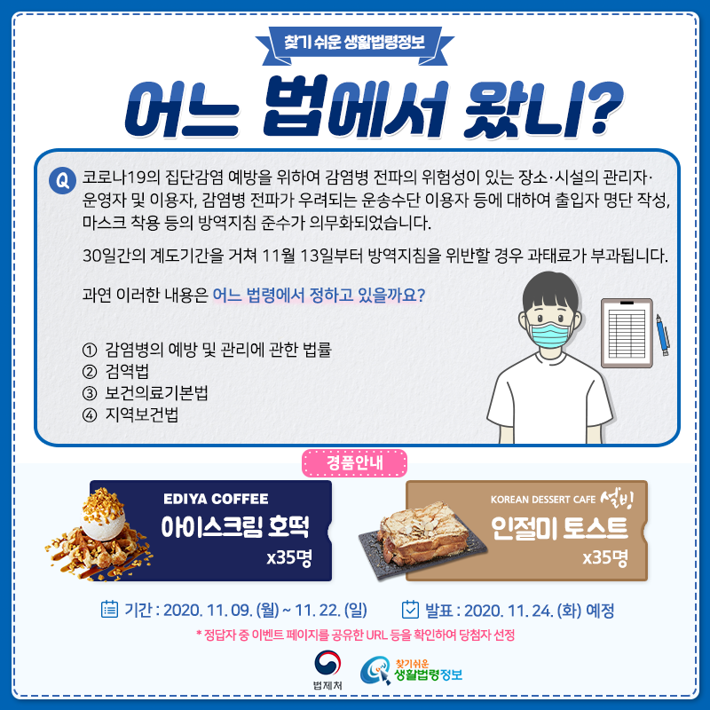 찾기 쉬운 생활법령정보 11월 퀴즈 이벤트어느 법에서 왔니?Q. 코로나19의 집단감염 예방을 위하여 감염병 전파의 위험성이 있는 장소·시설의 관리자·운영자 및 이용자, 감염병 전파가 우려되는 운송수단 이용자 등에 대하여 출입자 명단 작성, 마스크 착용 등의 방역지침 준수가 의무화되었습니다. 30일간의 계도기간을 거쳐 11월 13일부터 방역지침을 위반할 경우 과태료가 부과됩니다.     과연 이러한 내용은 어느 법령에서 정하고 있을까요?   ① 감염병의 예방 및 관리에 관한 법률   ② 검역법   ③ 보건의료기본법   ④ 지역보건법이벤트 기간: 2020. 11. 9. (월) ~ 11. 22. (일)당첨자 발표: 2020. 11. 24. (화) 예정경품: 설빙 인절미토스트 35명, 이디야 아이스크림 호떡 35명