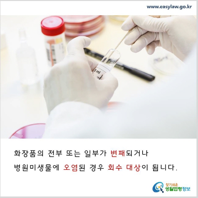 화장품의 전부 또는 일부가 변패되거나 병원미생물에 오염된 경우 회수 대상이 됩니다. www.easylaw.go.kr 찾기쉬운 생활법령정보 로고