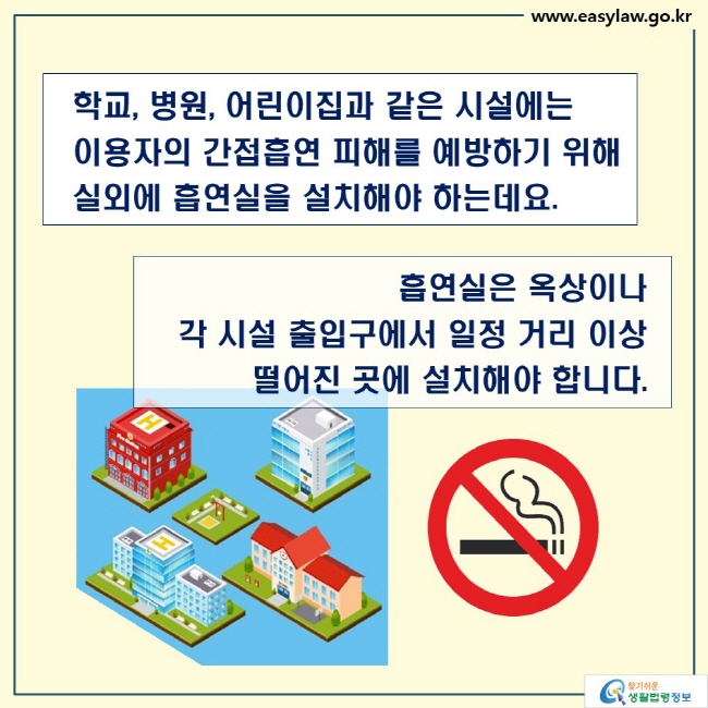학교, 병원, 어린이집과 같은 시설에는
이용자의 간접흡연 피해를 예방하기 위해
실외에 흡연실을 설치해야 하는데요.

흡연실은 옥상이나
각 시설 출입구에서 일정 거리 이상
떨어진 곳에 설치해야 합니다.