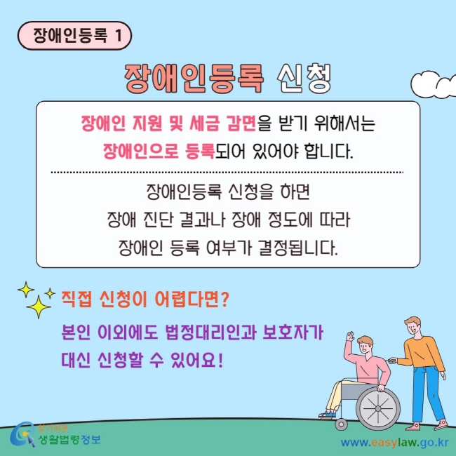 장애인등록 1 장애인등록 신청 장애인 지원 및 세금 감면을 받기 위해서는 장애인으로 등록되어 있어야 합니다. 장애인등록 신청을 하면 장애 진단 결과나 장애 정도에 따라 장애인 등록 여부가 결정됩니다. 직접 신청이 어렵다면? 본인 이외에도&nbsp;법정대리인과&nbsp;보호자가&nbsp;대신 신청할 수 있어요!