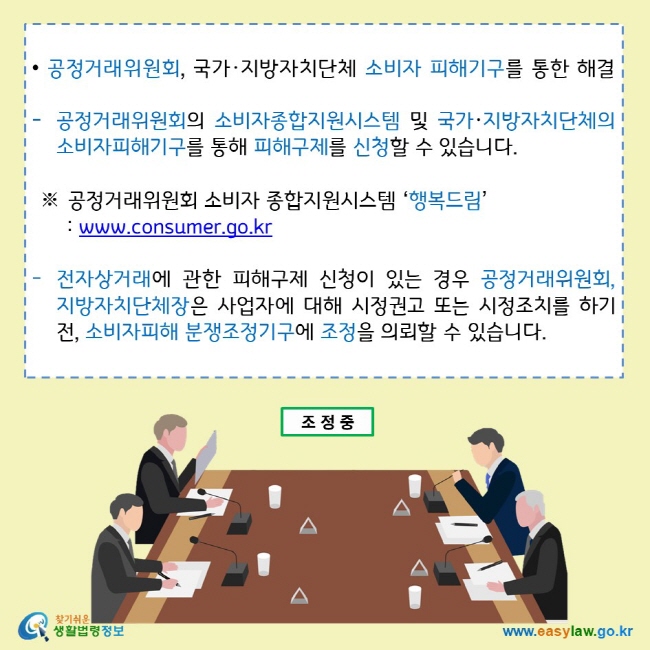 • 공정거래위원회, 국가·지방자치단체 소비자 피해기구를 통한 해결
공정거래위원회의 소비자종합지원시스템 및 국가·지방자치단체의 소비자피해기구를 통해 피해구제를 신청할 수 있습니다.
 ※ 공정거래위원회 소비자 종합지원시스템 ‘행복드림’ : www.consumer.go.kr
전자상거래에 관한 피해구제 신청이 있는 경우 공정거래위원회, 지방자치단체장은 사업자에 대해 시정권고 또는 시정조치를 하기 전, 소비자피해 분쟁조정기구에 조정을 의뢰할 수 있습니다.
찾기쉬운 생활법령정보 로고
www.easylaw.go.kr