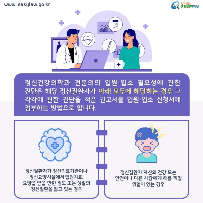 정신건강의학과 전문의의 입원∙입소 필요성에 관한 진단은 해당 정신질환자가 아래 모두에 해당하는 경우 그 각각에 관한 진단을 적은 권고서를 입원∙입소 신청서에 첨부하는 방법으로 합니다.

1. 정신질환자가 정신의료기관이나 정신요양시설에서 입원치료, 요양을 받을 만한 정도 또는 성질의 정신질환을 앓고 있는 경우

2. 정신질환자 자신의 건강 또는 안전이나 다른 사람에게 해를 끼칠 위험이 있는 경우
