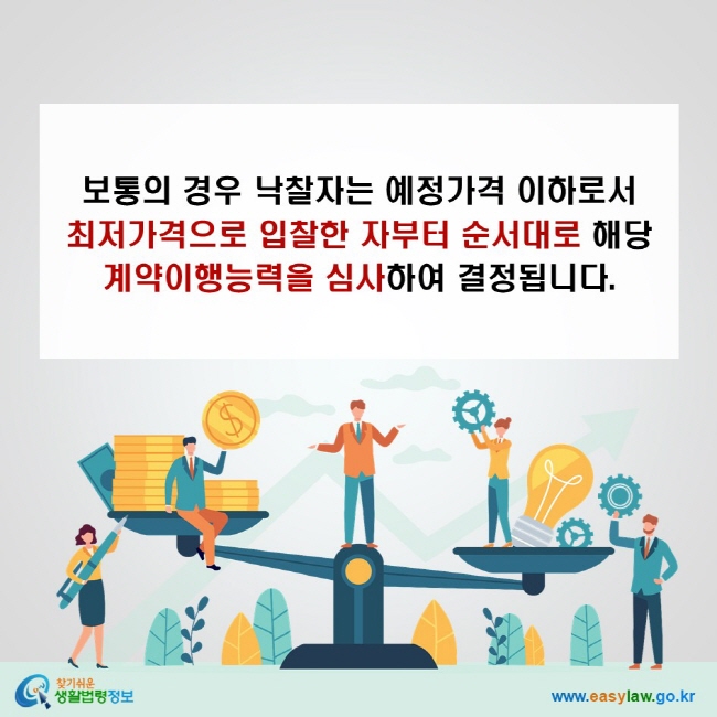보통의 경우 낙찰자는 예정가격 이하로서 최저가격으로 입찰한 자부터 순서대로 해당 계약이행능력을 심사하여 결정됩니다.