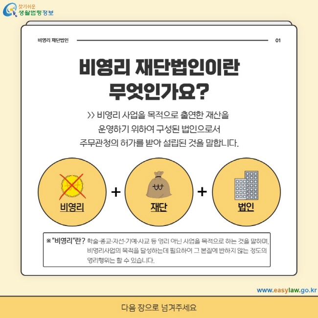 비영리 재단법인이란 무엇인가요?  비영리 사업을 목적으로 출연한 재산을  운영하기 위하여 구성된 법인으로서 주무관청의 허가를 받아 설립된 것을 말합니다. ※