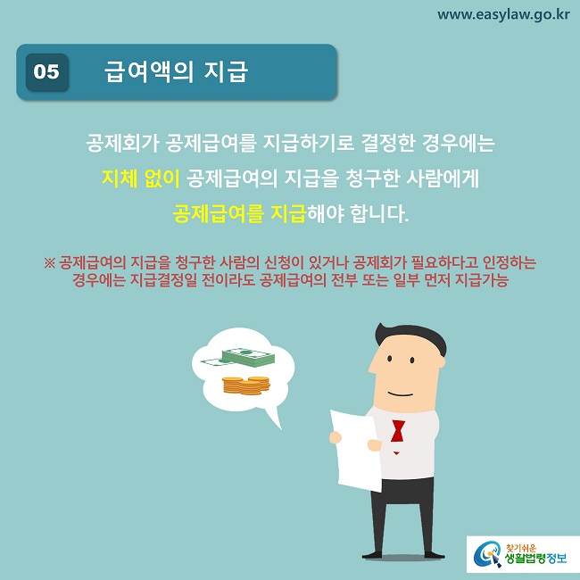 05 급여액의 지급
공제회가 공제급여를 지급하기로 결정한 경우에는 
지체 없이 공제급여의 지급을 청구한 사람에게 
공제급여를 지급해야 합니다.

※ 공제급여의 지급을 청구한 사람의 신청이 있거나 공제회가 필요하다고 인정하는 경우에는 지급결정일 전이라도 공제급여의 전부 또는 일부 먼저 지급가능
