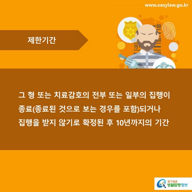 제한기간 그 형 또는 치료감호의 전부 또는 일부의 집행이 종료(종료된 것으로 보는 경우를 포함)되거나 집행을 받지 않기로 확정된 후 10년까지의 기간
