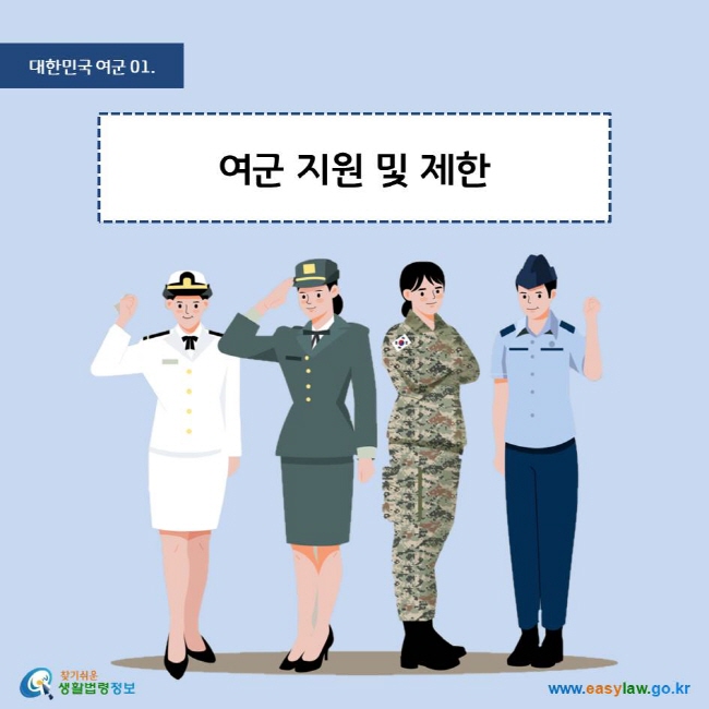 대한민국 여군 01. 여군 지원 및 제한
찾기쉬운 생활법령정보 로고
www.easylaw.go.kr