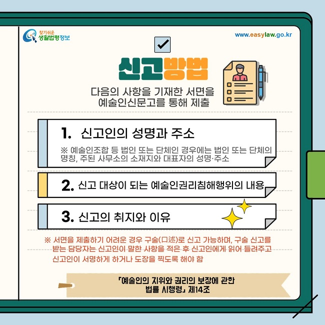 ◇ 신고방법 다음의 사항을 기재한 서면을 예술인신문고를 통해 제출 1. 신고인의 성명과 주소 ※ 예술인조합 등 법인 또는 단체인 경우에는 법인 또는 단체의 명칭, 주된 사무소의 소재지와 대표자의 성명·주소 2. 신고 대상이 되는 예술인권리침해행위의 내용 3. 신고의 취지와 이유  ※ 서면을 제출하기 어려운 경우 구술(口述)로 신고 가능하며, 구술 신고를 받는 담당자는 신고인이 말한 사항을 적은 후 신고인에게 읽어 들려주고 신고인이 서명하게 하거나 도장을 찍도록 해야 함  「예술인의 지위와 권리의 보장에 관한 법률 시행령」 제14조