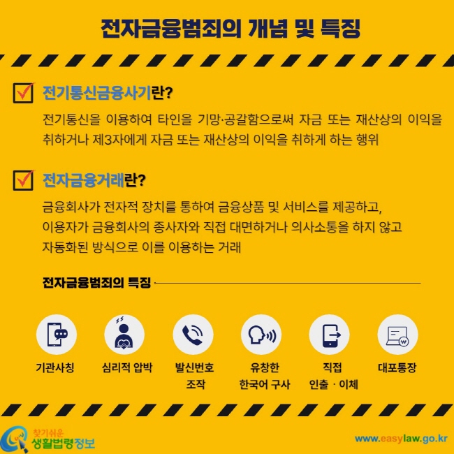 전자금융범죄의 개념 및 특징 ㆍ 전기통신금융사기란? 전기통신을 이용하여 타인을 기망ㆍ공갈함으로써 자금 또는 재산상의 이익을 취하거나 제3자에게 자금 또는 재산상의 이익을 취하게 하는 행위 ㆍ 전자금융거래란? 금융회사가 전자적 장치를 통하여 금융상품 및 서비스를 제공하고, 이용자가 금융회사의 종사자와 직접 대면하거나 의사소통을 하지 않고 자동화된 방식으로 이를 이용하는 거래 전자금융범죄의 특징 기관사칭, 심리적 압박, 발신번호 조작, 유창한 한국어 구사, 직접 인출ㆍ이체, 대포통장