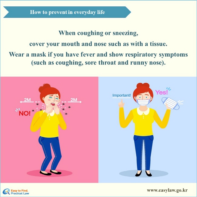 How to prevent in everyday life When coughing or sneezing, cover your mouth and nose such as with a tissue. Wear a mask if you have fever and show respiratory symptoms (such as coughing, sore throat and runny nose).