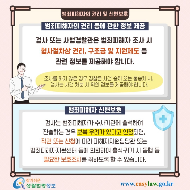 범죄피해자의 권리 및 신변보호 범죄피해자의 권리 등에 관한 정보 제공 검사 또는 사법경찰관은 범죄피해자 조사 시 형사절차상 권리, 구조금 및 지원제도 등 관련 정보를 제공해야 합니다. 조사를 하지 않은 경우 경찰은 사건 송치 또는 불송치 시, 검사는 사건 처분 시 위의 정보를 제공해야 합니다. 범죄피해자 신변보호 검사는 범죄피해자가 수사기관에 출석하여 진술하는 경우 보복 우려가 있다고 인정되면, 직권 또는 신청에 따라 피해자지원담당관 또는 범죄피해자지원센터 등에 의뢰하여 출석·귀가 시 동행 등 필요한 보호조치를 취하도록 할 수 있습니다. 찾기쉬운 생활법령정보 