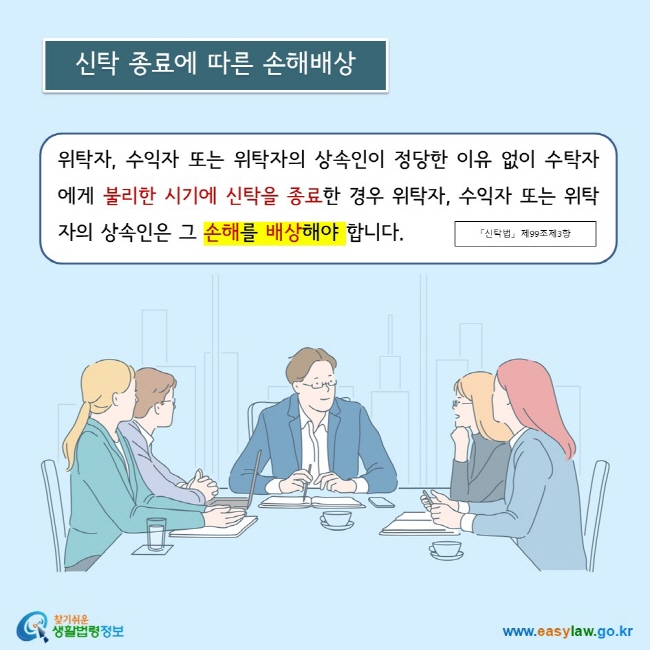 위탁자, 수익자 또는 위탁자의 상속인이 정당한 이유 없이 수탁자에게 불리한 시기에 신탁을 종료한 경우 위탁자, 수익자 또는 위탁자의 상속인은 그 손해를 배상해야 합니다.