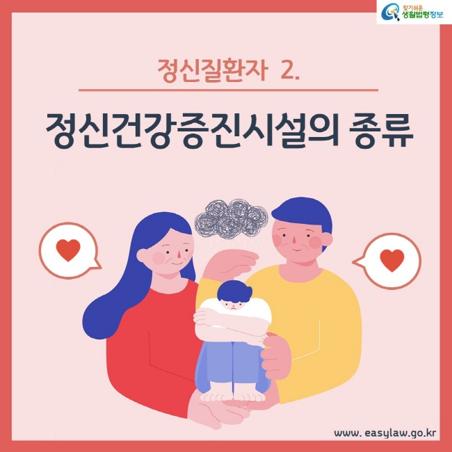 정신질환자 2. 정신건강증진시설의 종류
www.easylaw.go.kr 찾기쉬운 생활법령정보 로고