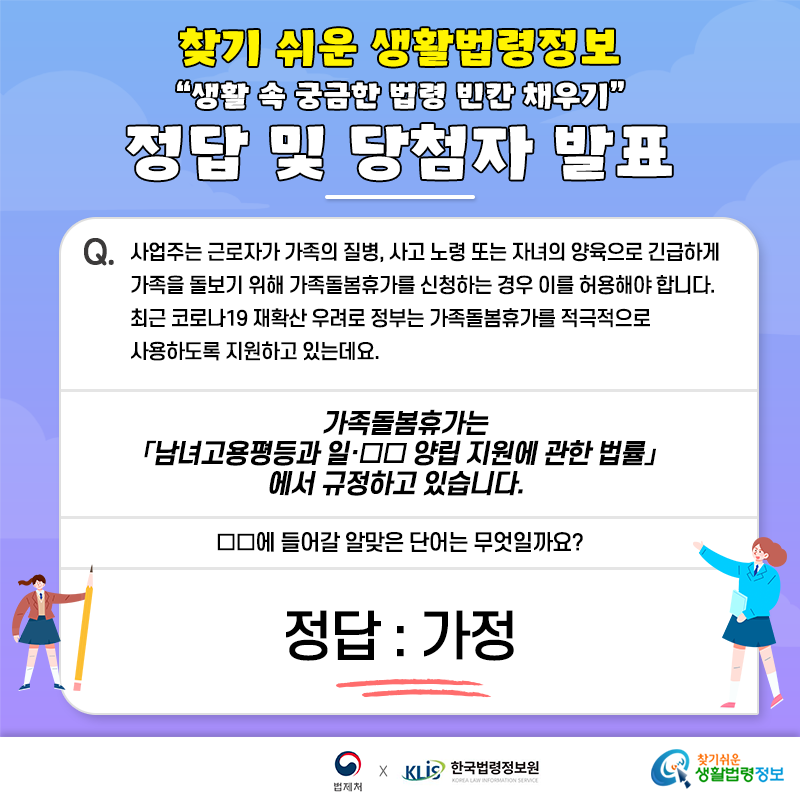 설명: 찾기 쉬운 생활법령정보 생활 속 궁금한 법령 빈칸 채우기 이벤트정답 및 당첨자 발표Q. 사업주는 근로자가 가족의 질병, 사고 노령 또는 자녀의 양육으로 긴급하게 가족을 돌보기 위해 가족돌봄휴가를 신청하는 경우 이를 허용해야 합니다. 최근 코로나19 재확산 우려로 정부는 가족돌봄휴가를 적극적으로 사용하도록 지원하고 있는데요. 가족돌봄휴가는 「남녀고용평등과 일·□□ 양립 지원에 관한 법률」에서 규정하고 있습니다. □□에 들어갈 알맞은 단어는 무엇일까요? 정담: 가정