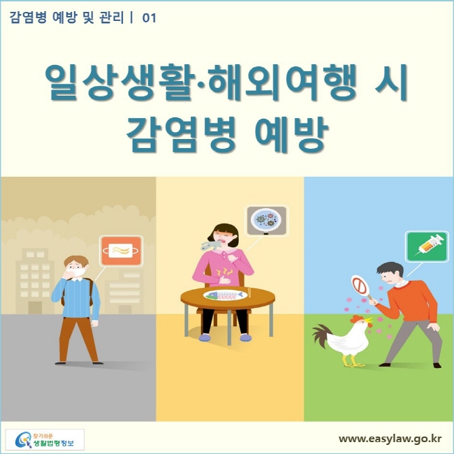 감염병 예방 및 관리 | 01 일상생활·해외여행 시 예방방법  www.easylaw.go.kr 찾기쉬운 생활법령정보 로고