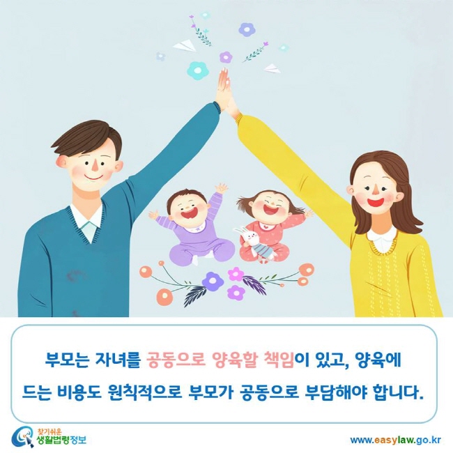 부모는 자녀를 공동으로 양육할 책임이 있고, 양육에 드는 비용도 원칙적으로 부모가 공동으로 부담해야 합니다.