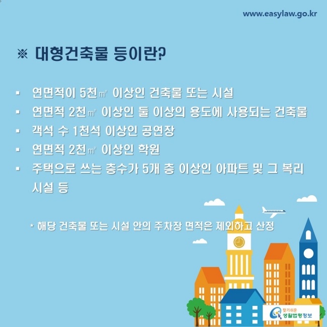 ※ 대형건축물 등이란?-연면적이 5천㎡ 이상인 건축물 또는 시설-연면적 2천㎡ 이상인 둘 이상의 용도에 사용되는 건축물-객석 수 1천석 이상인 공연장-연면적 2천㎡ 이상인 학원-주택으로 쓰는 층수가 5개 층 이상인 아파트 및 그 복리시설 등