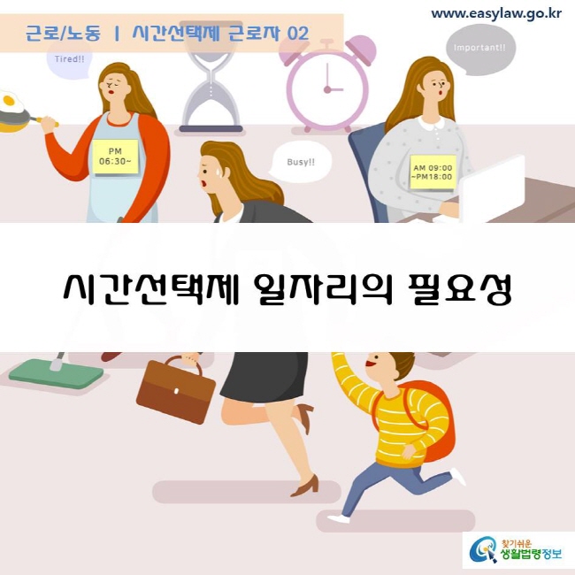 근로/노동 시간선택제 근로자 02 시간선택제 일자리의 필요성 www.easylaw.go.kr  찾기쉬운 생활법령정보 로고
