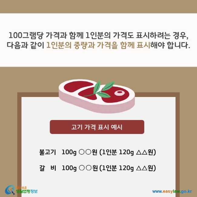 100그램당 가격과 함께 1인분의 가격도 표시하려는 경우, 다음과 같이 1인분의 중량과 가격을 함께 표시해야 합니다. 고기 가격 표시 예시: 불고기 100g ○○원 (1인분 120g △△원), 갈비 100g ○○원 (1인분 120g △△원)