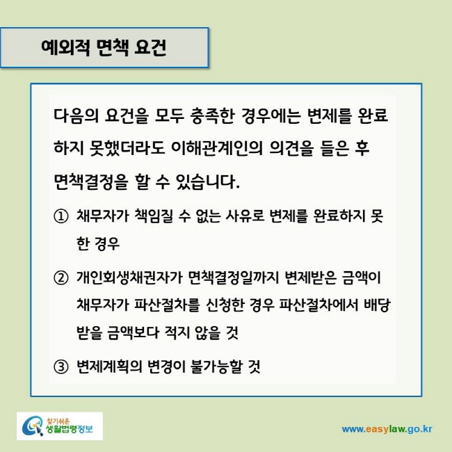 www.easylaw.go.kr 예외적 면책 요건다음의 요건을 모두 충족한 경우에는 변제를 완료하지 못했더라도 이해관계인의 의견을 들은 후 면책결정을 할 수 있습니다.① 채무자가 책임질 수 없는 사유로 변제를 완료하지 못한 경우② 개인회생채권자가 면책결정일까지 변제받은 금액이 채무자가 파산절차를 신청한 경우 파산절차에서 배당받을 금액보다 적지 않을 것③ 변제계획의 변경이 불가능할 것