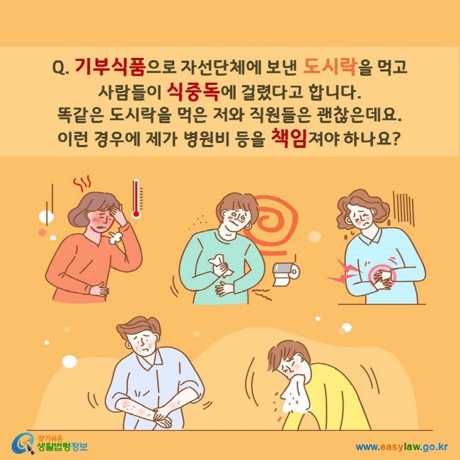 기부식품으로 자선단체에 보낸 도시락을 먹고  사람들이 식중독에 걸렸다고 합니다.  똑같은 도시락을 먹은 저와 직원들은 괜찮은데요.  이런 경우에 제가 병원비 등을 책임져야 하나요?