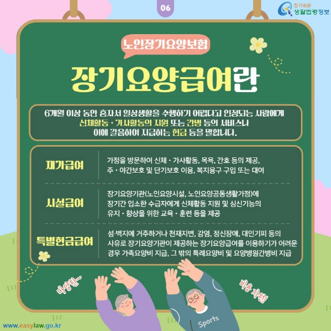 노인장기요양보험 장기요양급여란, 6개월 이상 동안 혼자서 일상생활을 수행하기 어렵다고 인정되는 사람에게 신체활동ㆍ가사활동의 지원 또는 간병 등의 서비스나 이에 갈음하여 지급하는 현금 등을 말합니다. 재가급여: 가정을 방문하여 신체ㆍ가사활동, 목욕, 간호 등의 제공, 주ㆍ야간보호 및 단기보호 이용, 복지용구 구입 또는 대여/ 시설급여: 장기요양기관(노인요양시설, 노인요양공동생활가정)에 장기간 입소한 수급자에게 신체활동 지원 및 심신기능의 유지ㆍ향상을 위한 교육ㆍ훈련 등을 제공/ 특별현금급여:섬·벽지에 거주하거나 천재지변, 감염, 정신장애, 대인기피 등의 사유로 장기요양기관이 제공하는 장기요양급여를 이용하기가 어려운 경우 가족요양비 지급, 그 밖의 특례요양비 및 요양병원간병비 지급