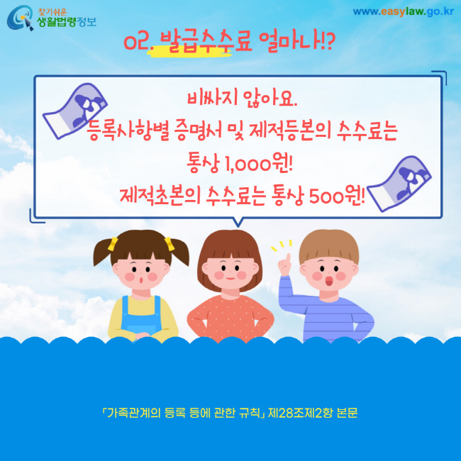 02. 발급수수료 얼마나!? 비싸지 않아요. 등록사항별 증명서 및 제적등본의 수수료는 통상 1,000원! 제적초본의 수수료는 통상 500원! 가족관계의 등록 등에 관한 규칙 제28조제2항 본문