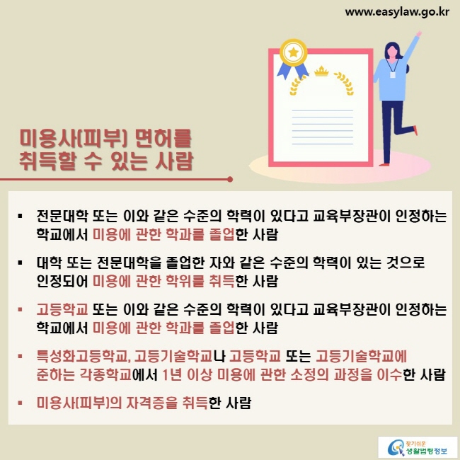 미용사(피부) 면허를 취득할 수 있는 사람: 전문대학 또는 이와 같은 수준의 학력이 있다고 교육부장관이 인정하는 학교에서 미용에 관한 학과를 졸업한 사람, 대학 또는 전문대학을 졸업한 자와 같은 수준의 학력이 있는 것으로 인정되어 미용에 관한 학위를 취득한 사람, 고등학교 또는 이와 같은 수준의 학력이 있다고 교육부장관이 인정하는 학교에서 미용에 관한 학과를 졸업한 사람, 특성화고등학교, 고등기술학교나 고등학교 또는 고등기술학교에 준하는 각종학교에서 1년 이상 미용에 관한 소정의 과정을 이수한 사람, 미용사(피부)의 자격증을 취득한 사람