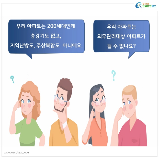 우리 아파트는 200세대인데
승강기도 없고, 
지역난방도, 주상복합도  아니에요.
우리 아파트는 
의무관리대상 아파트가 
될 수 없나요?
