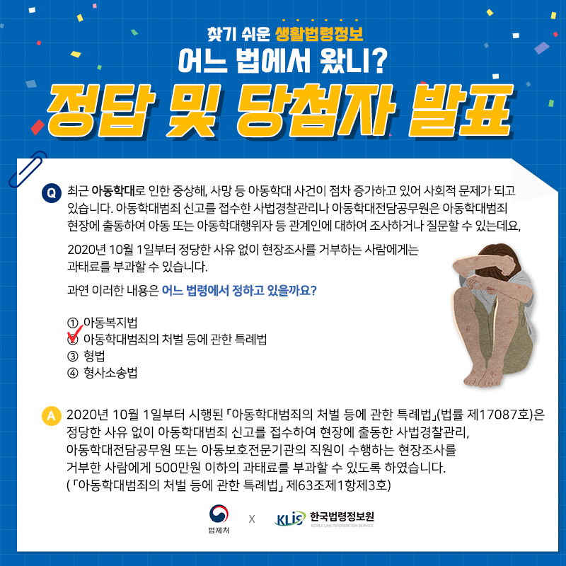 찾기 쉬운 생활법령정보어느 법에서 왔니?정답 및 당첨자 발표Q. 최근 아동학대로 인한 중상해, 사망 등 아동학대 사건이 점차 증가하고 있어 사회적 문제가 되고 있습니다.    아동학대범죄 신고를 접수한 사법경찰관리나 아동학대전담공무원은 아동학대범죄 현장에 출동하여 아동 또는 아동학대행위자 등 관계인에 대하여 조사하거나 질문할 수 있는데요, 2020년 10월 1일부터 정당한 사유 없이 현장조사를 거부하는 사람에게는 과태료를 부과할 수 있습니다.   과연 이러한 내용은 어느 법령에서 정하고 있을까요?   ① 아동복지법   ② 아동학대범죄의 처벌 등에 관한 특례법   ③ 형법   ④ 형사소송법정답: ② 아동학대범죄의 처벌 등에 관한 특례법2020년 10월 1일부터 시행된 「아동학대범죄의 처벌 등에 관한 특례법」(법률 제17087호)은 정당한 사유 없이 아동학대범죄 신고를 접수하여 현장에 출동한 사법경찰관리, 아동학대전담공무원 또는 아동보호전문기관의 직원이 수행하는 현장조사를 거부한 사람에게 500만원 이하의 과태료를 부과할 수 있도록 하였습니다. ( 「아동학대범죄의 처벌 등에 관한 특례법」 제63조제1항제3호)법제처 한국법령정보원