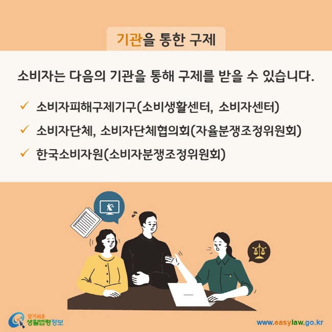 기관을 통한 구제 - 소비자는 다음의 기관을 통해 구제를 받을 수 있습니다. (1) 소비자피해구제기구(소비생활센터, 소비자센터) (2) 소비자단체, 소비자단체협의회(자율분쟁조정위원회) (3) 한국소비자원(소비자분쟁조정위원회) 찾기쉬운 생활법령정보(www.easylaw.go.kr)