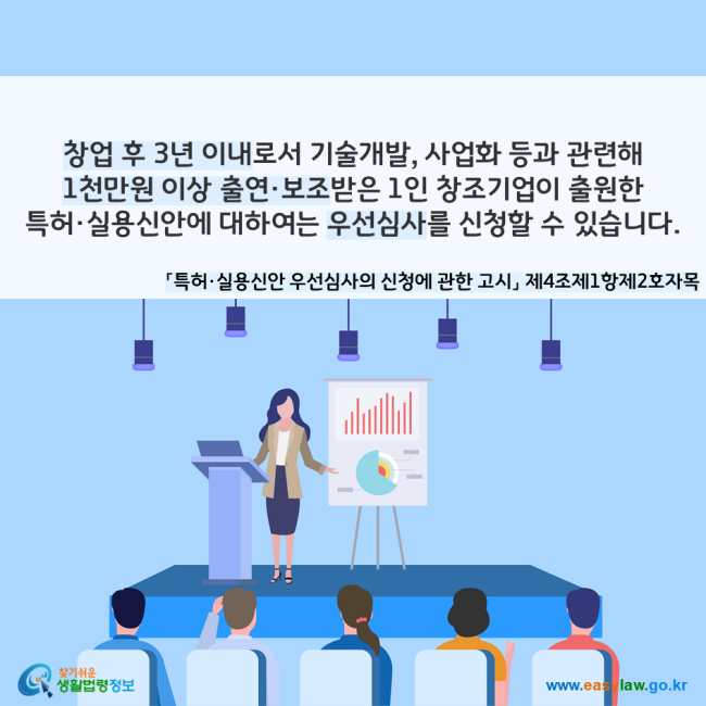창업 후 3년 이내로서 기술개발, 사업화 등과 관련해 1천만원 이상 출연·보조받은 1인 창조기업이 출원한 특허·실용신안에 대하여는 우선심사를 신청할 수 있습니다. 「특허·실용신안 우선심사의 신청에 관한 고시」 제4조제1항제2호자목찾기쉬운 생활법령정보(www.easylaw.go.kr)