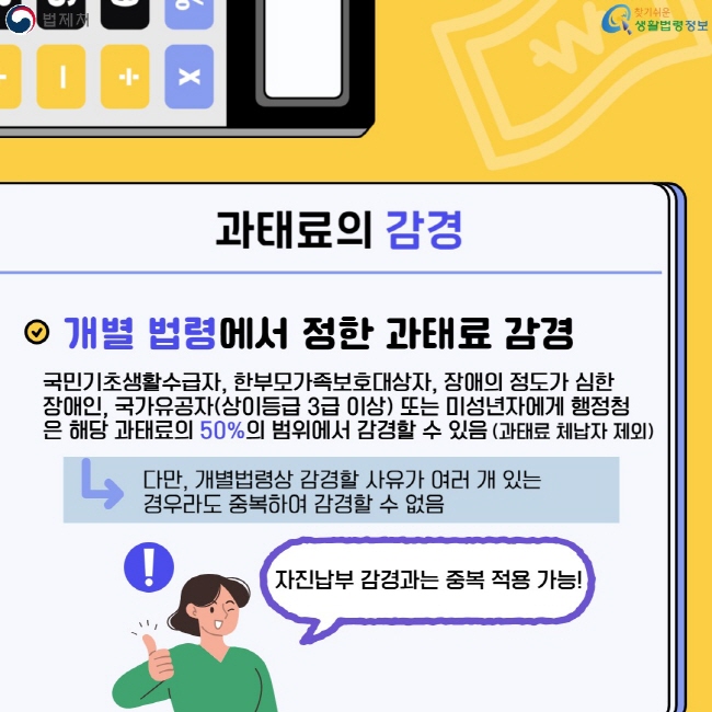 과태료의 감경 개별 법령에서 정한 과태료 감경: 국민기초생활수급자, 한부모가족보호대상자, 장애의 정도가 심한 장애인, 국가유공자(상이등급 3급 이상) 또는 미성년자에게 행정청은 해당 과태료의 50%의 범위에서 감경할 수 있음(과태료 체납자 제외) 다만, 개별법령상 감경할 사유가 여러 개 있는&nbsp;경우라도 중복하여 감경할 수 없음. 자진납부 감경과는 중복 적용 가능