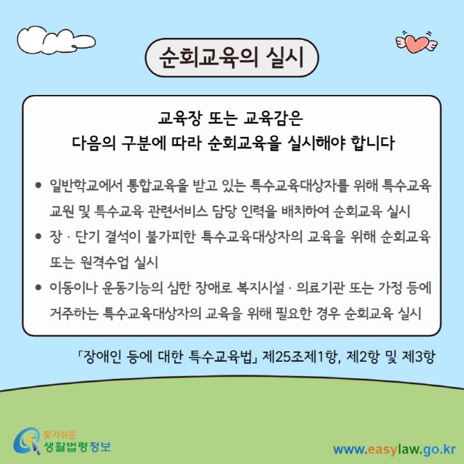 순회교육의 실시 교육장 또는 교육감은&nbsp; 다음의 구분에 따라 순회교육을 실시해야 합니다  일반학교에서 통합교육을 받고 있는 특수교육대상자를 위해 특수교육교원 및&nbsp;특수교육 관련서비스 담당 인력을 배치하여 순회교육 실시 장ㆍ단기 결석이 불가피한 특수교육대상자의 교육을 위해 순회교육 또는 원격수업 실시 이동이나 운동기능의 심한 장애로 복지시설ㆍ의료기관 또는 가정 등에 거주하는 특수교육대상자의 교육을 위해 필요한 경우 순회교육 실시 「장애인 등에 대한 특수교육법」 제25조제1항, 제2항 및 제3항