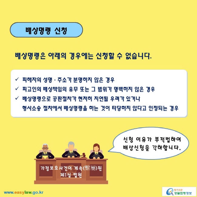 배상명령 신청
배상명령은 아래의 경우에는 신청할 수 없습니다.

● 피해자의 성명ㆍ주소가 분명하지 않은 경우
● 피고인의 배상책임의 유무 또는 그 범위가 명백하지 않은 경우
● 배상명령으로 공판절차가 현저히 지연될 우려가 있거나 형사소송 절차에서 배상명령을 하는 것이 타당하지 않다고 인정되는 경우

신청 이유가 부적법하여 배상신청을 각하합니다. 
(가정보호사건이 계속(繫屬)된 제1심 법원)