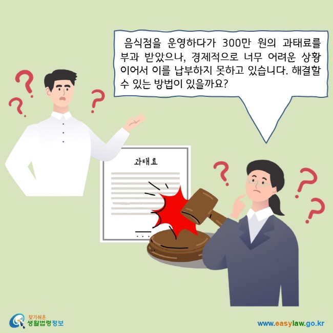 음식점을 운영하다가 300만 원의 과태료를 부과 받았으나, 경제적으로 너무 어려운 상황이어서 이를 납부하지 못하고 있습니다. 해결할 수 있는 방법이 있을까요?
찾기쉬운 생활법령정보 로고 
www.easylaw.go.kr