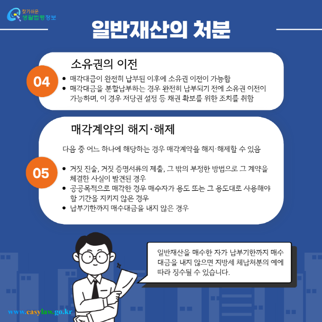 소유권의 이전: 매각대금이 완전히 납부된 이후에 소유권 이전이 가능함 / 매각대금을 분할납부하는 경우 완전히 납부되기 전에 소유권 이전이 가능하며, 이 경우 저당권 설정 등 채권 확보를 위한 조치를 취함 05 매각계약의 해지·해제: 다음 중 어느 하나에 해당하는 경우 매각계약을 해지·해제할 수 있음 (거짓 진술, 거짓 증명서류의 제출, 그 밖의 부정한 방법으로 그 계약을 체결한 사실이 발견된 경우 / 공공목적으로 매각한 경우 매수자가 용도 또는 그 용도대로 사용해야 할 기간을 지키지 않은 경우 / 납부기한까지 매수대금을 내지 않은 경우) 일반재산을 매수한 자가 납부기한까지 매수대금을 내지 않으면 지방세 체납처분의 예에 따라 징수될 수 있습니다.