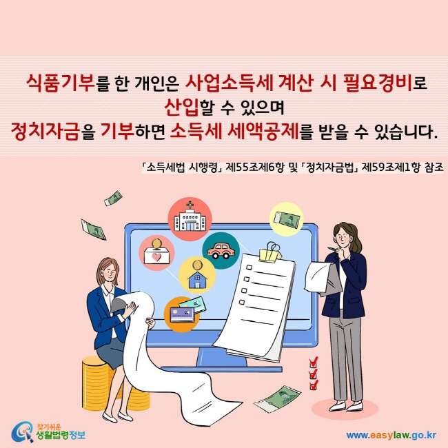 식품기부를 한 개인은 사업소득세 계산 시 필요경비로  산입할 수 있으며  정치자금을 기부하면 소득세 세액공제를 받을 수 있습니다.