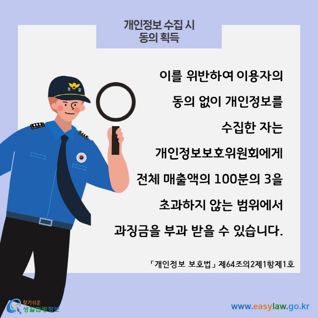 개인정보 수집 시 동의 획득, 이를 위반하여 이용자의 동의 없이 개인정보를 수집한 자는 개인정보보호위원회에게 전체 매출액의 100분의 3을 초과하지 않는 범위에서 과징금을 부과 받을 수 있습니다. 「개인정보 보호법」 제64조의2제1항제1호