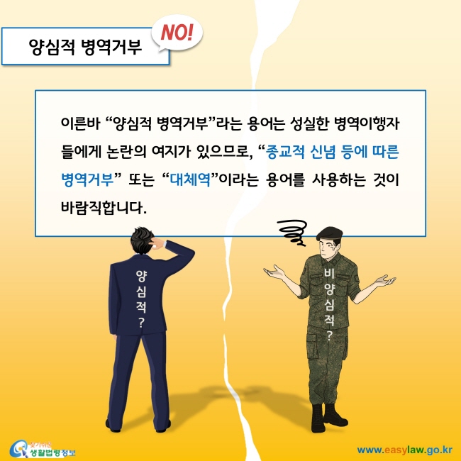 이른바 “양심적 병역거부”라는 용어는 성실한 병역이행자들에게 논란의 여지가 있으므로, “종교적 신념 등에 따른 병역거부” 또는 “대체역”이라는 용어를 사용하는 것이 바람직합니다. 
