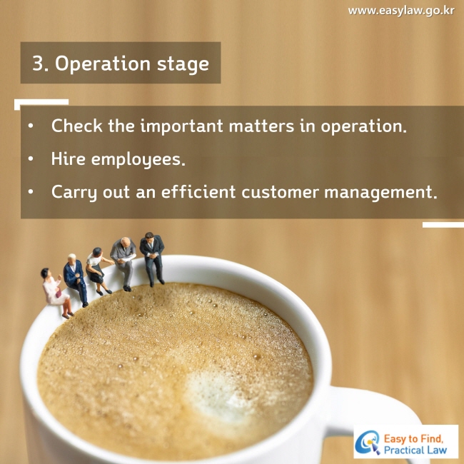 3. Operation stage
Check the important matters in operation.
Hire employees.
Carry out an efficient customer management.
