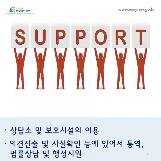 상담소 및 보호시설의 이용 의견진술 및 사실확인 등에 있어서 통역,  법률상담 및 행정지원  www.easylaw.go.kr


